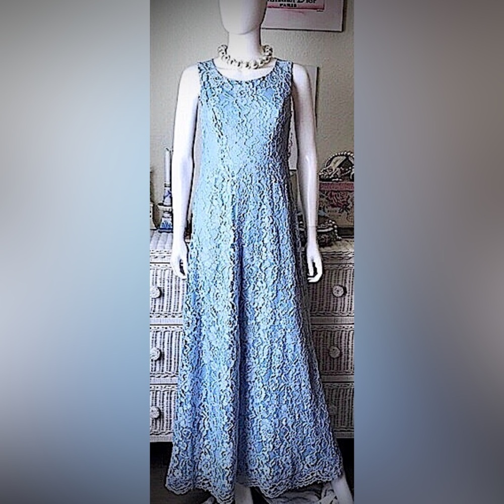 Lulu's Maxi Dress Gown Revealing Cotton Lace Sleeveless in Baby Blue size S